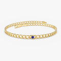 14K Solid Gold Cuban Link Bracelet with Bezel Set Round Sapphire