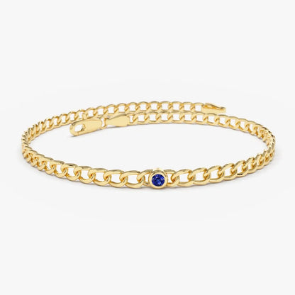 14K Solid Gold Cuban Link Bracelet with Bezel Set Round Sapphire