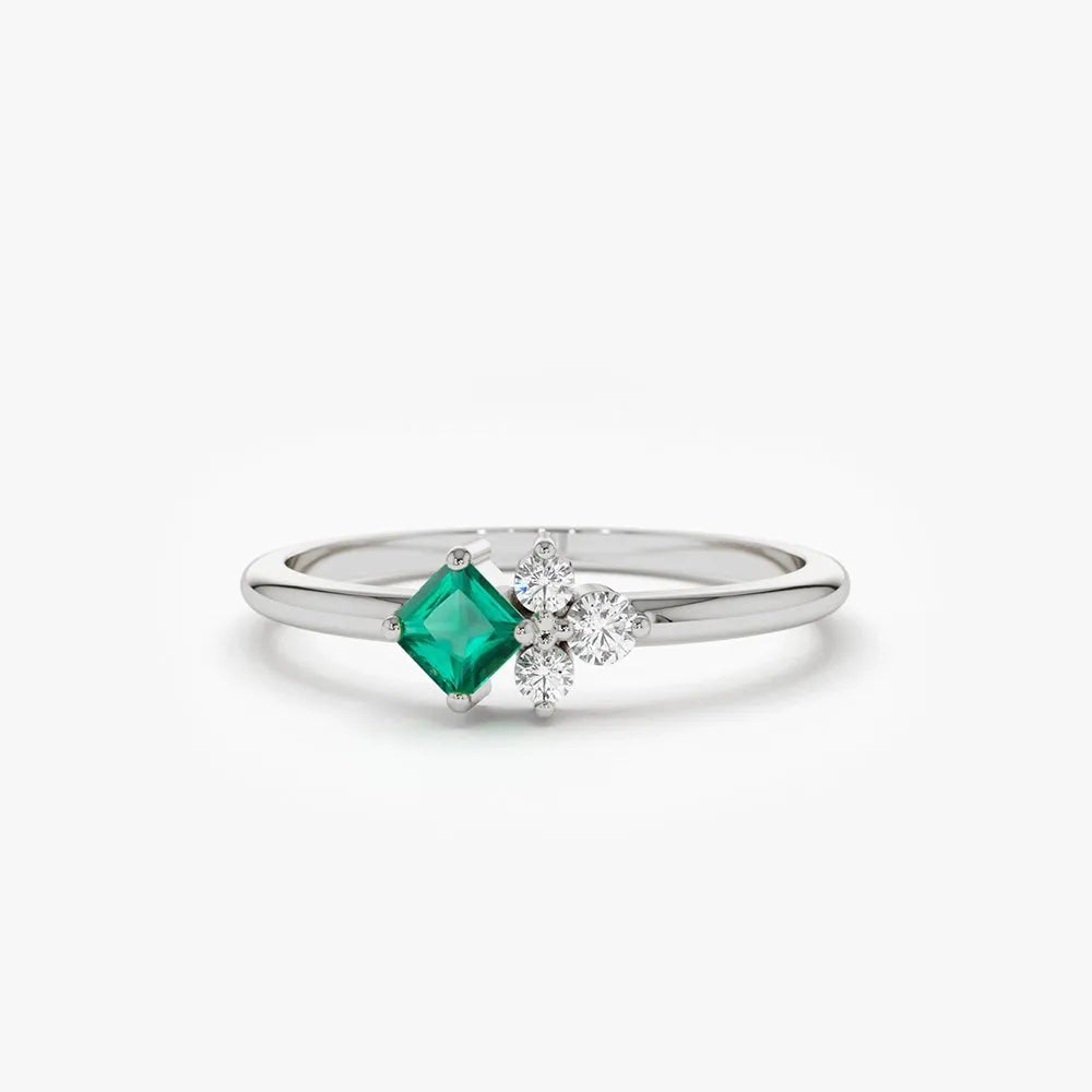 14K Solid Gold Princess Cut Emerald and Round Diamond Ring 0.14 CTW Handcrafted Jewelry