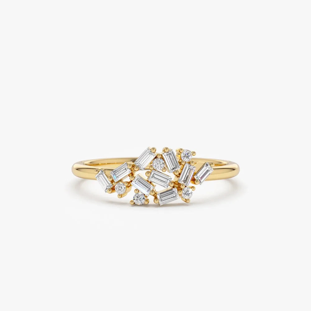 14k Gold 0.30 CTW Baguette and Round Diamond Cluster Ring