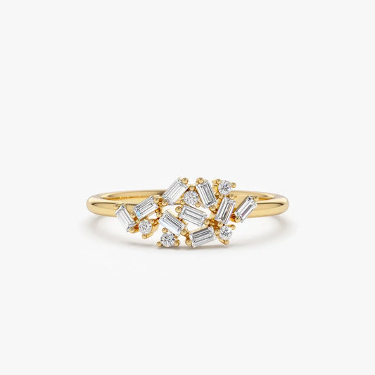 14k Gold 0.30 CTW Baguette and Round Diamond Cluster Ring