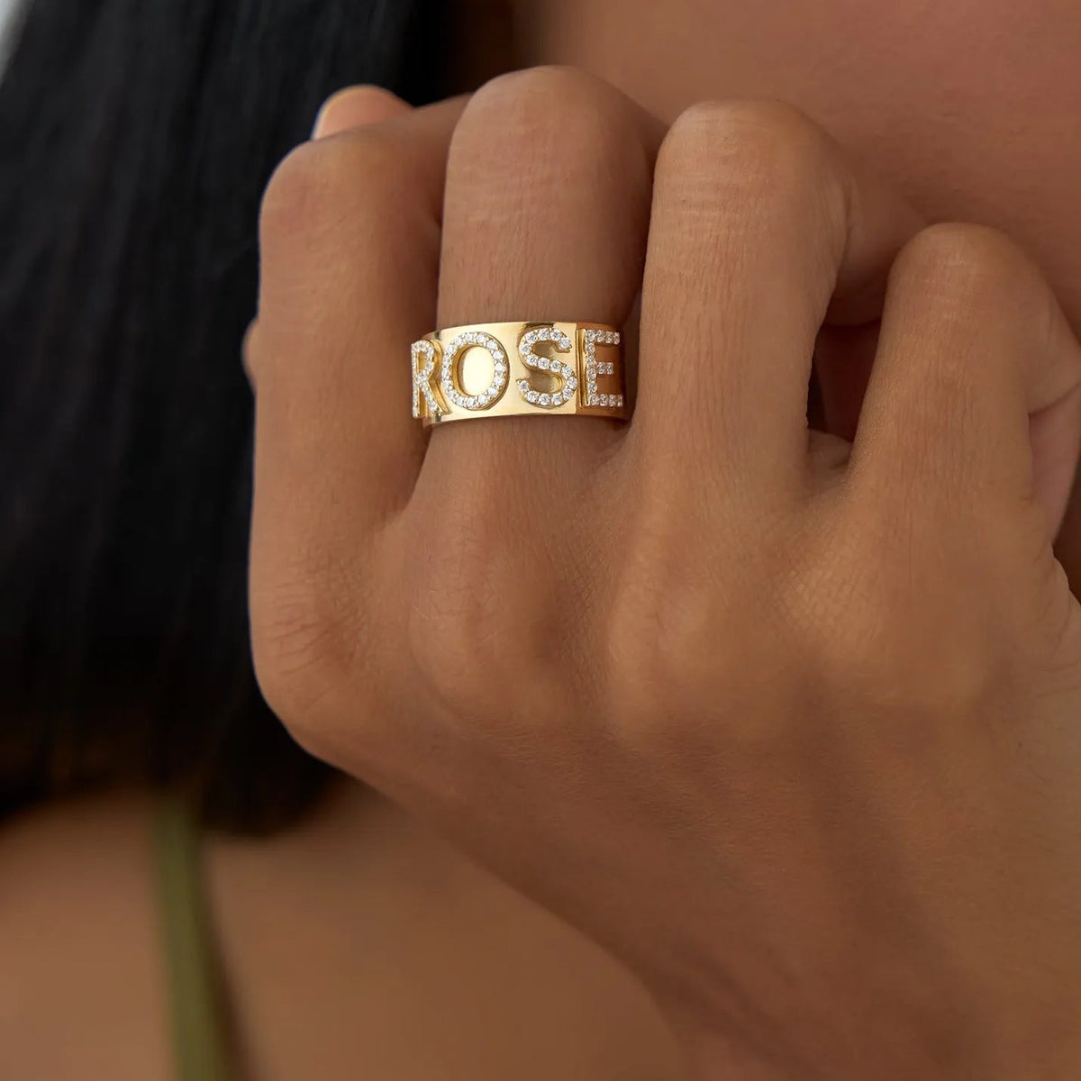 14K Solid Gold Diamond Chunky Name Band Ring Personalized Custom Jewelry