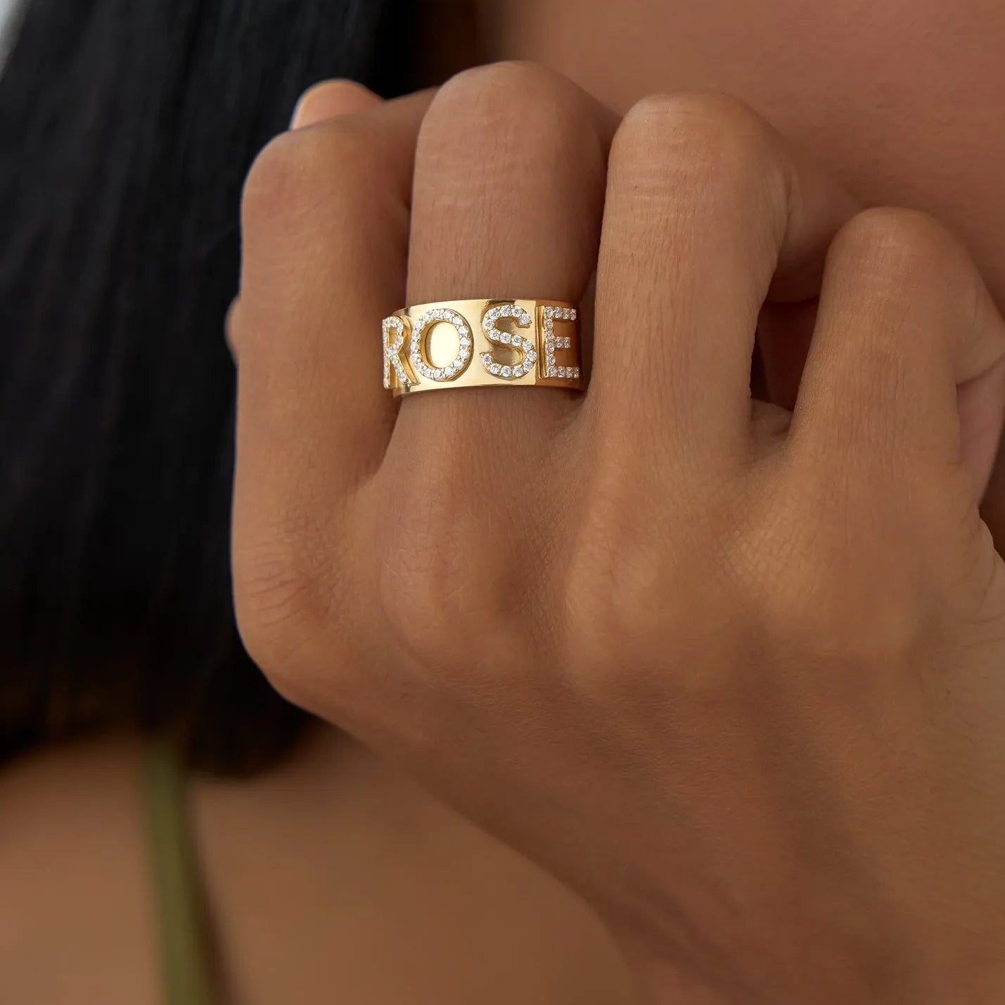 14K Solid Gold Diamond Chunky Name Band Ring Personalized Custom Jewelry