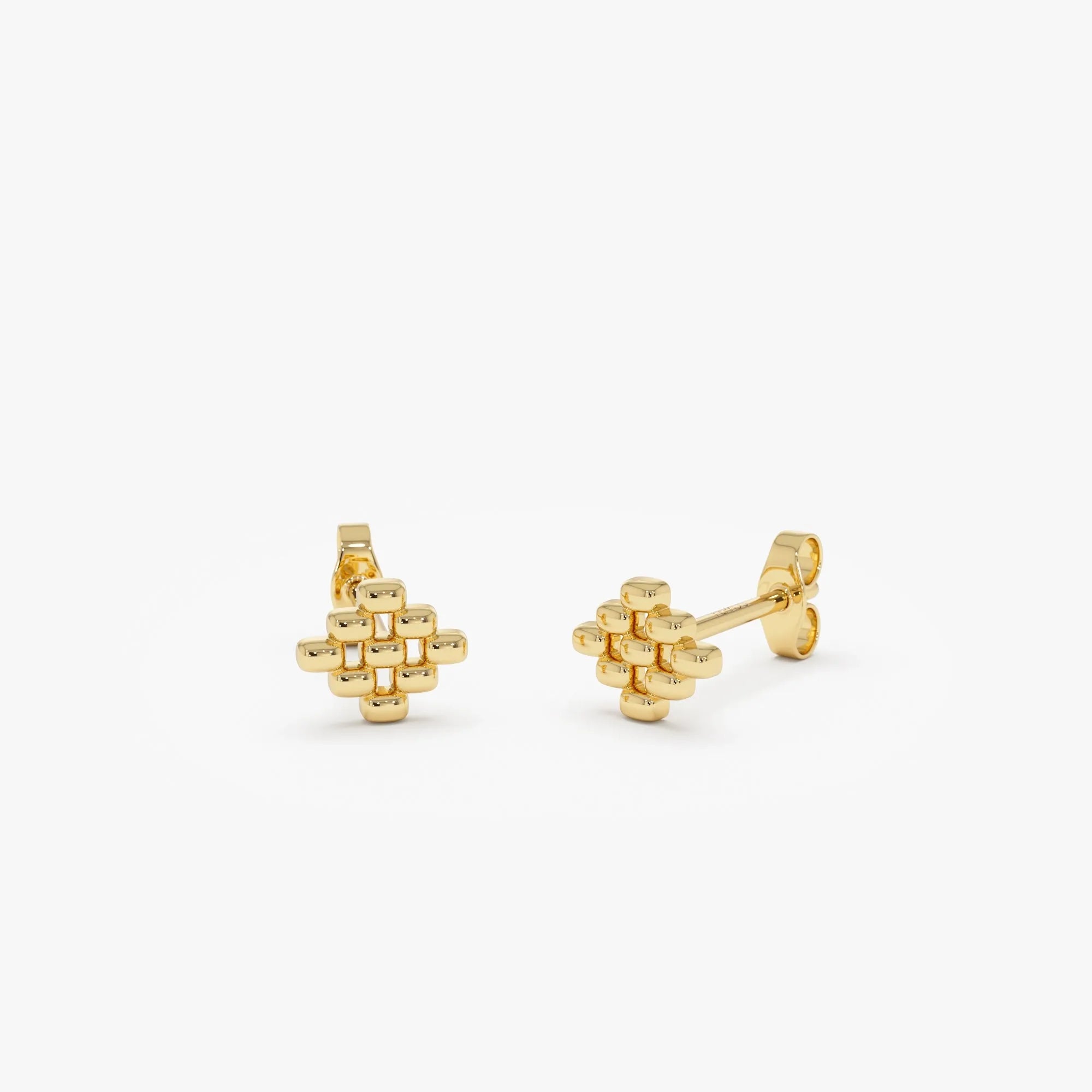 14k Solid Gold Geometric Beaded Stud Earrings 7.45mm
