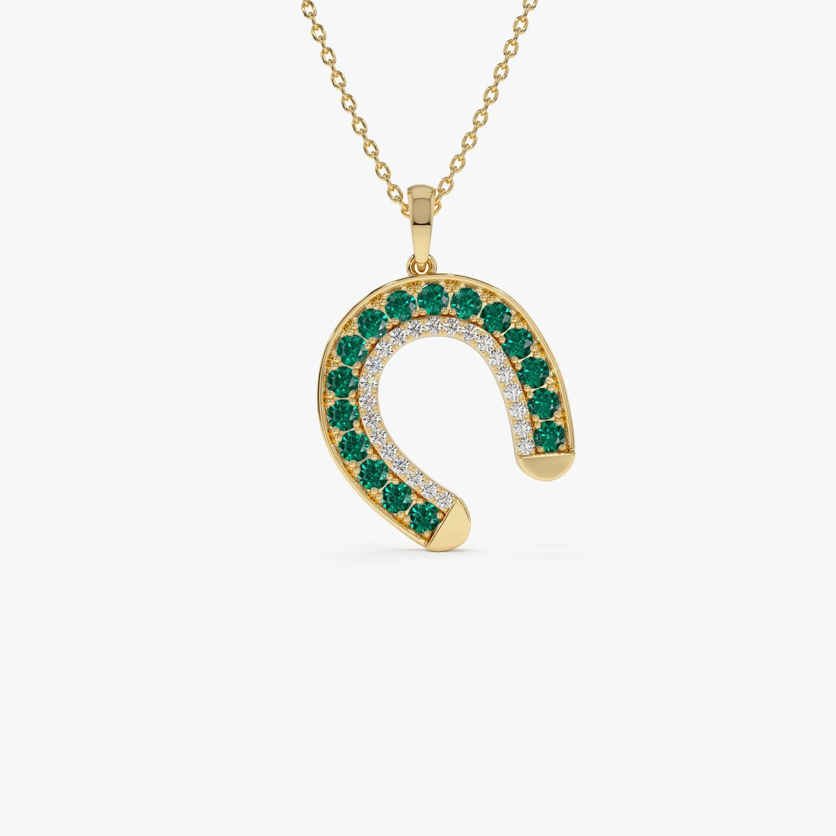 14k Solid Gold Round Emerald 0.45 CTW and Diamond 0.12 CTW Horseshoe Pendant Necklace