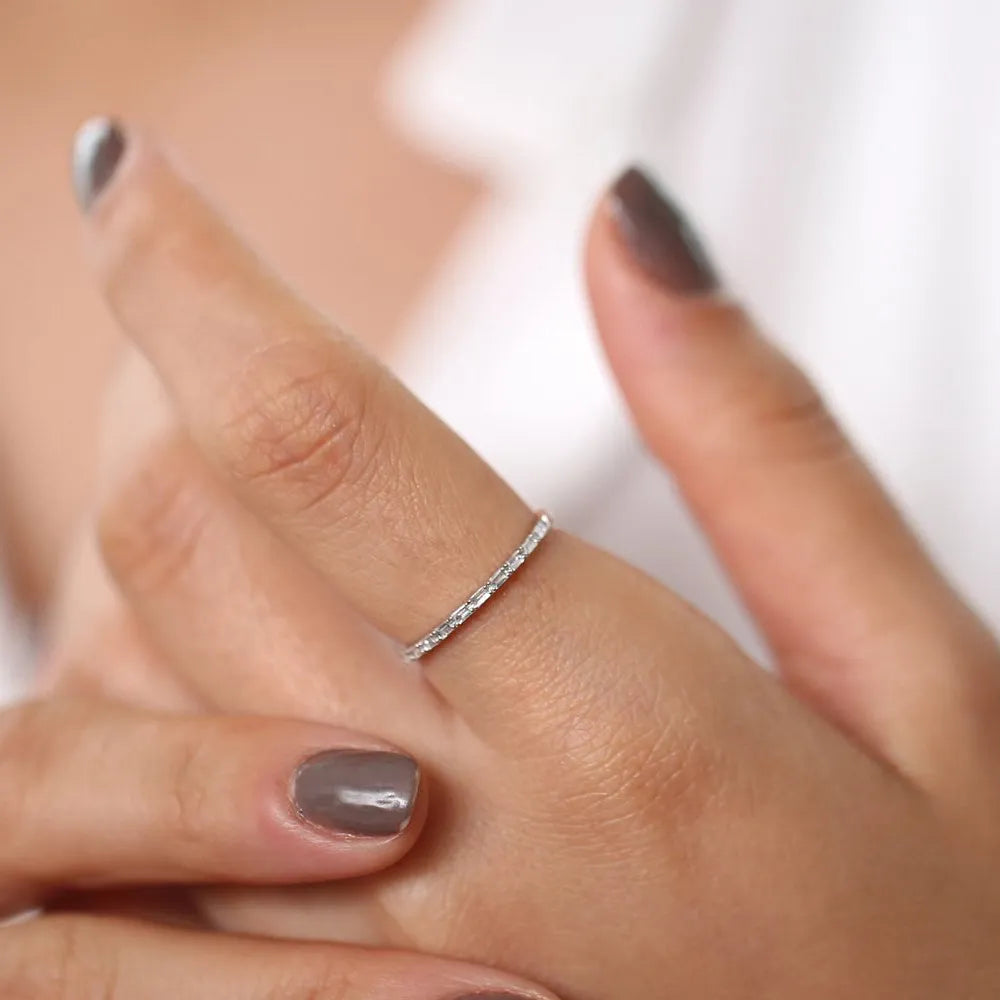 14K Gold 0.15 Carat Baguette Diamond Ultra Thin Half Eternity Stackable Ring