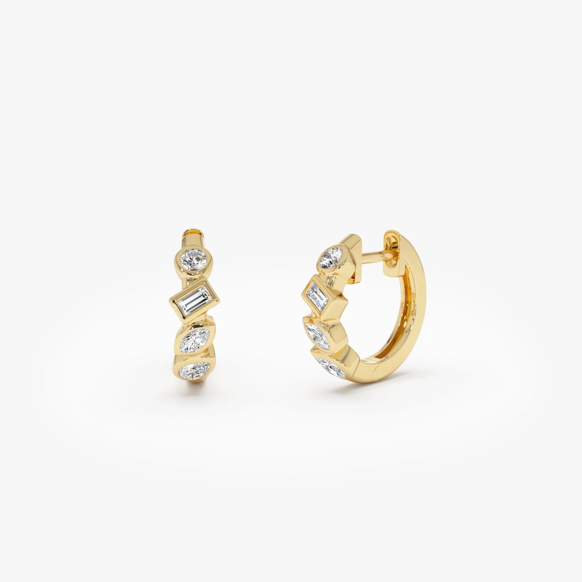 14k Gold Diamond Mixed Cut Baguette Marquise Pear Round Huggie Hoop Earrings 0.40 ctw