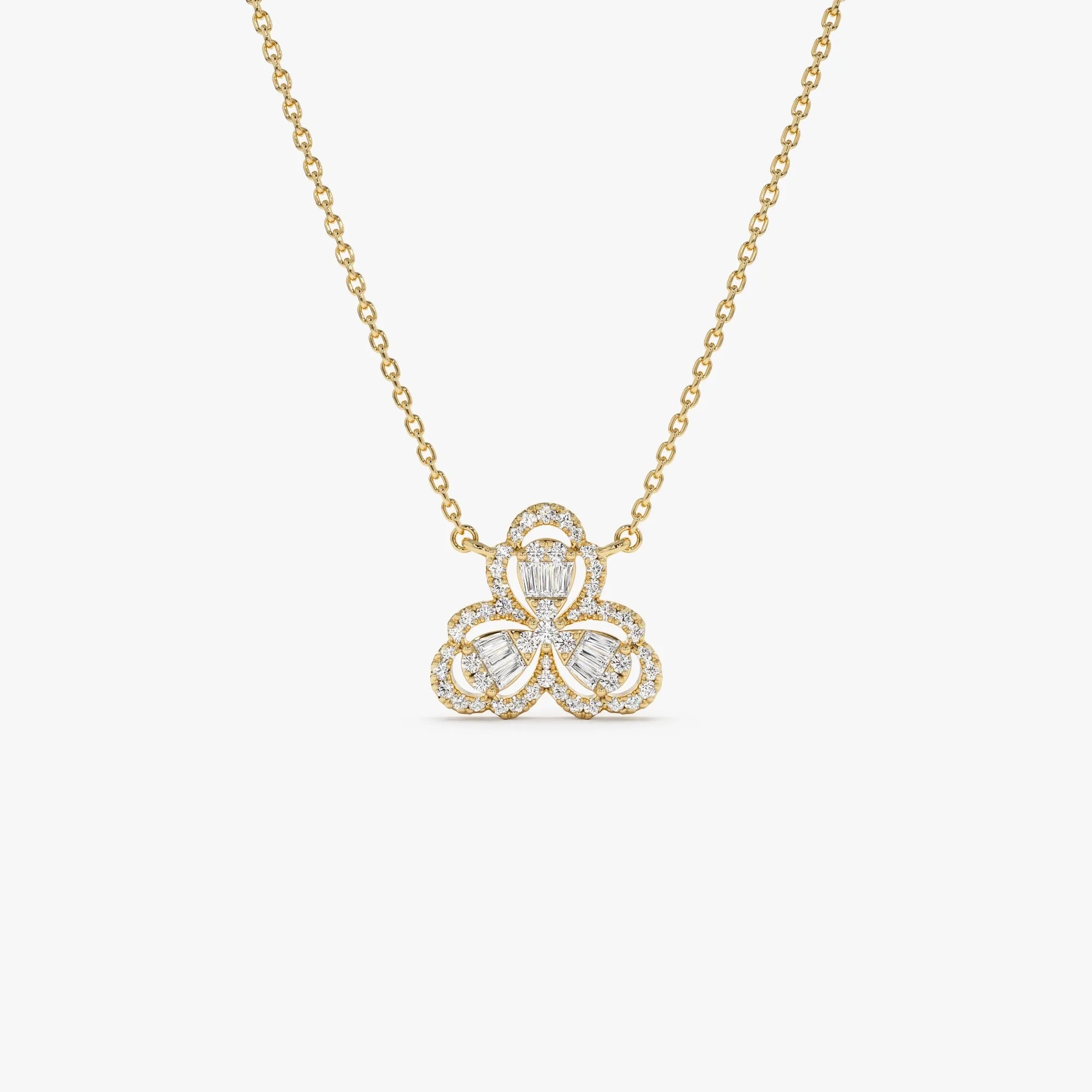 14K Solid Gold 0.25 CTW Round and Baguette Diamond Clover Necklace Prong Setting