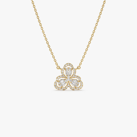14K Solid Gold 0.25 CTW Round and Baguette Diamond Clover Necklace Prong Setting