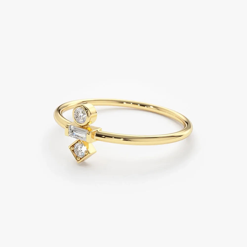 14K Solid Gold Baguette and Round Cut Diamond Trio Ring 0.13 CTW Channel and Bezel Setting