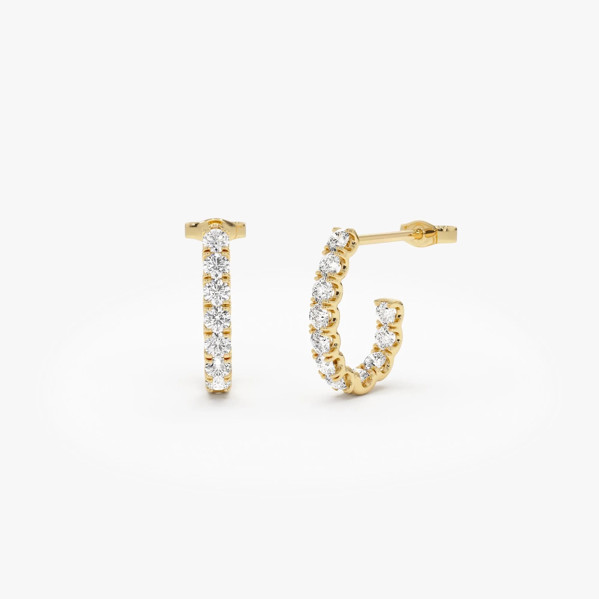 14k Gold Diamond Round Cut Inside Out J Hoop Earrings 0.95 ctw