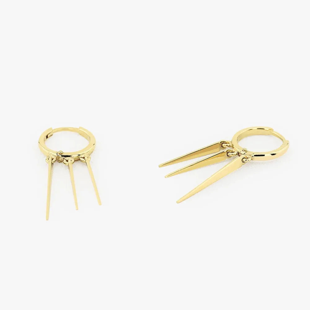 14k Solid Gold Triple Spike Tribal Drop Hoop Earrings 34mm