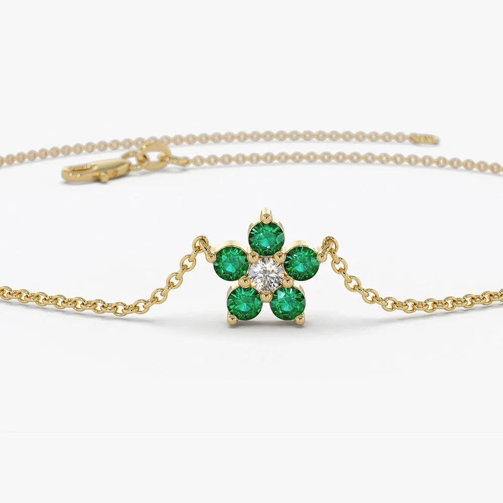 14K Solid Gold Round Emerald and Diamond Flower Charm Bracelet