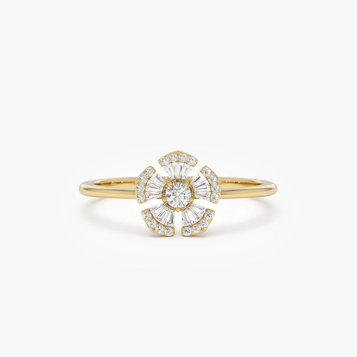 14k Gold 0.33 ctw Round and Baguette Diamond Floral Ring
