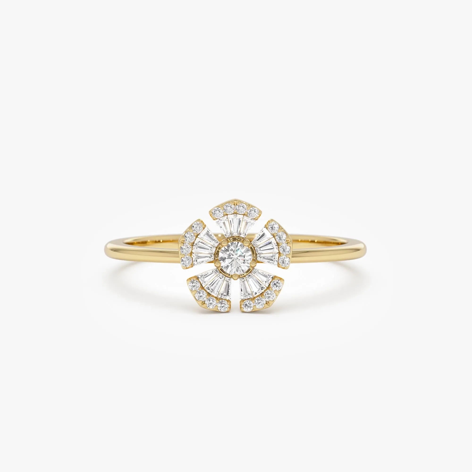14k Gold 0.33 ctw Round and Baguette Diamond Floral Ring