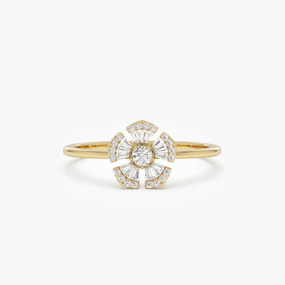 14k Gold 0.33 ctw Round and Baguette Diamond Floral Ring