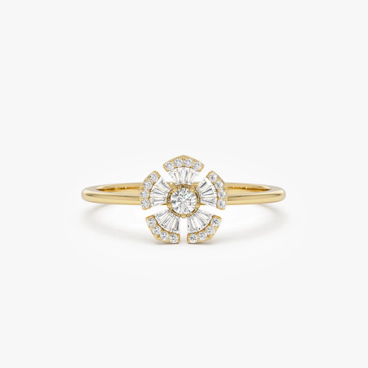 14k Gold 0.33 ctw Round and Baguette Diamond Floral Ring