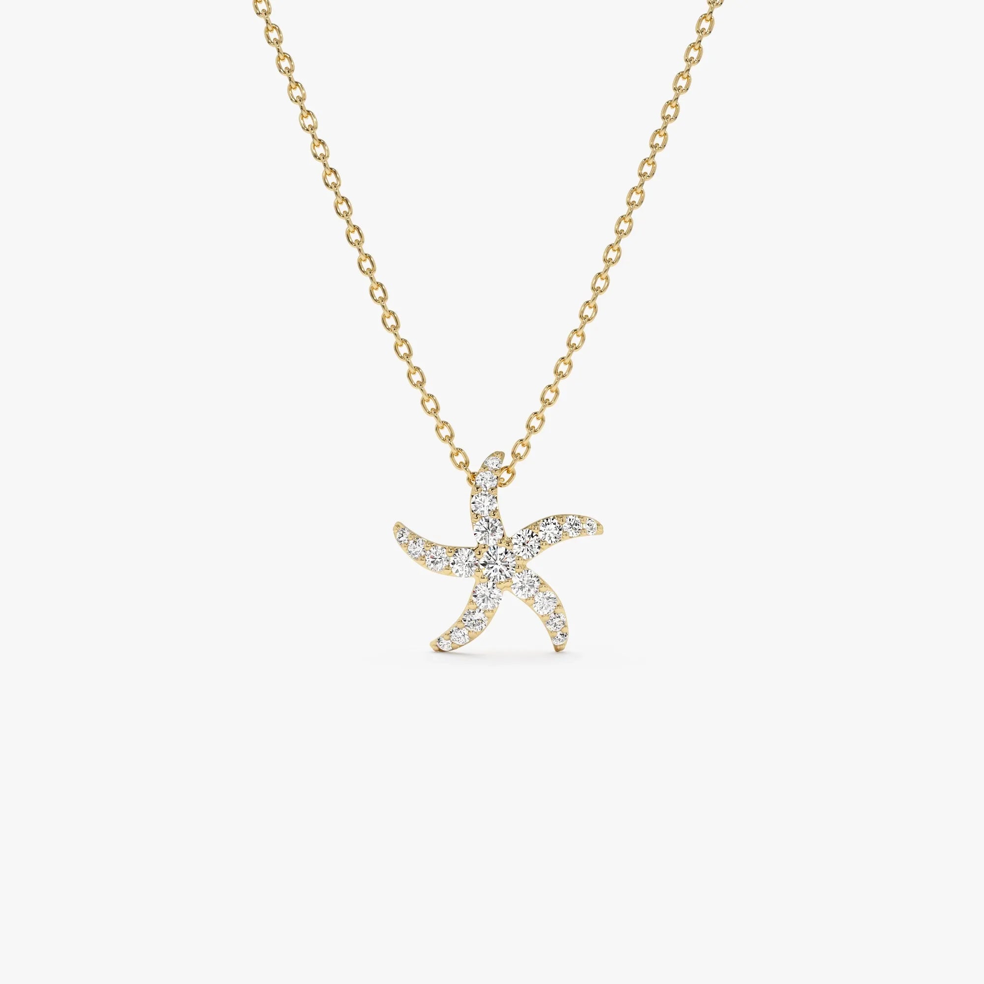 14K Solid Gold 0.25 CTW Round Diamond Starfish Charm Pendant Necklace