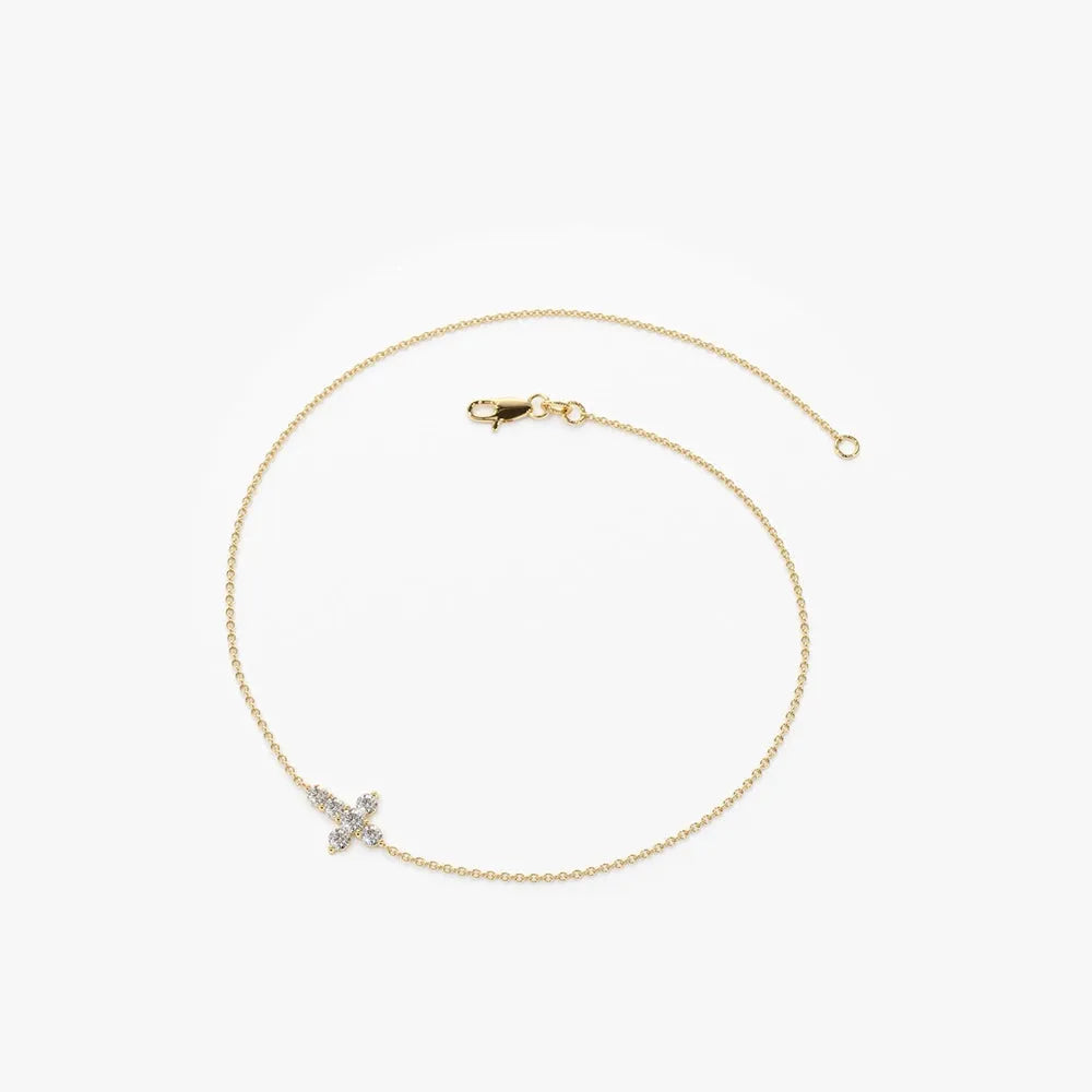 14K Solid Gold Round Diamond Cross Chain Bracelet Prong Setting 0.21 Carat
