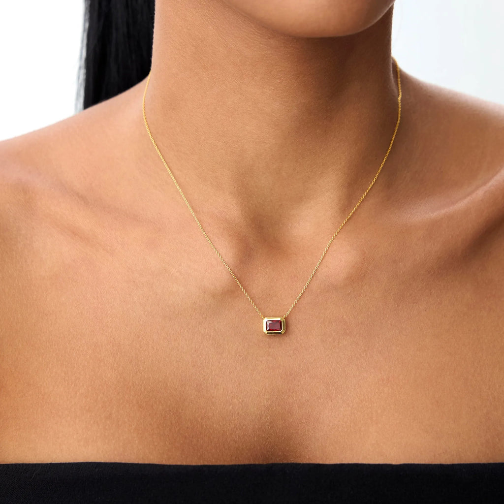 14k Solid Gold Garnet Emerald Cut Necklace 0.95 Carat Bezel Setting