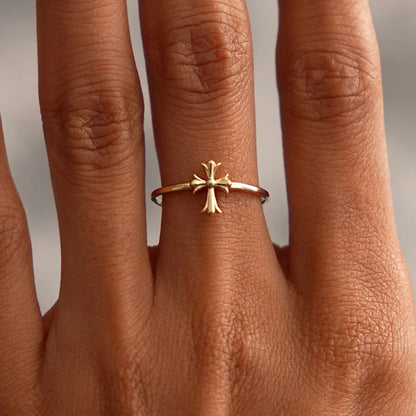 14k Gold Cathedral Cross Ring Wide Band with 9.2mm Motif