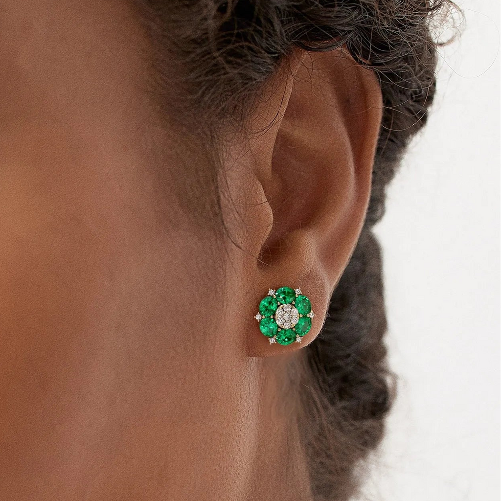 14k Gold Lab Grown Colombian Emerald and Diamond Oval Cut Cluster Stud Earrings 4.70 ctw