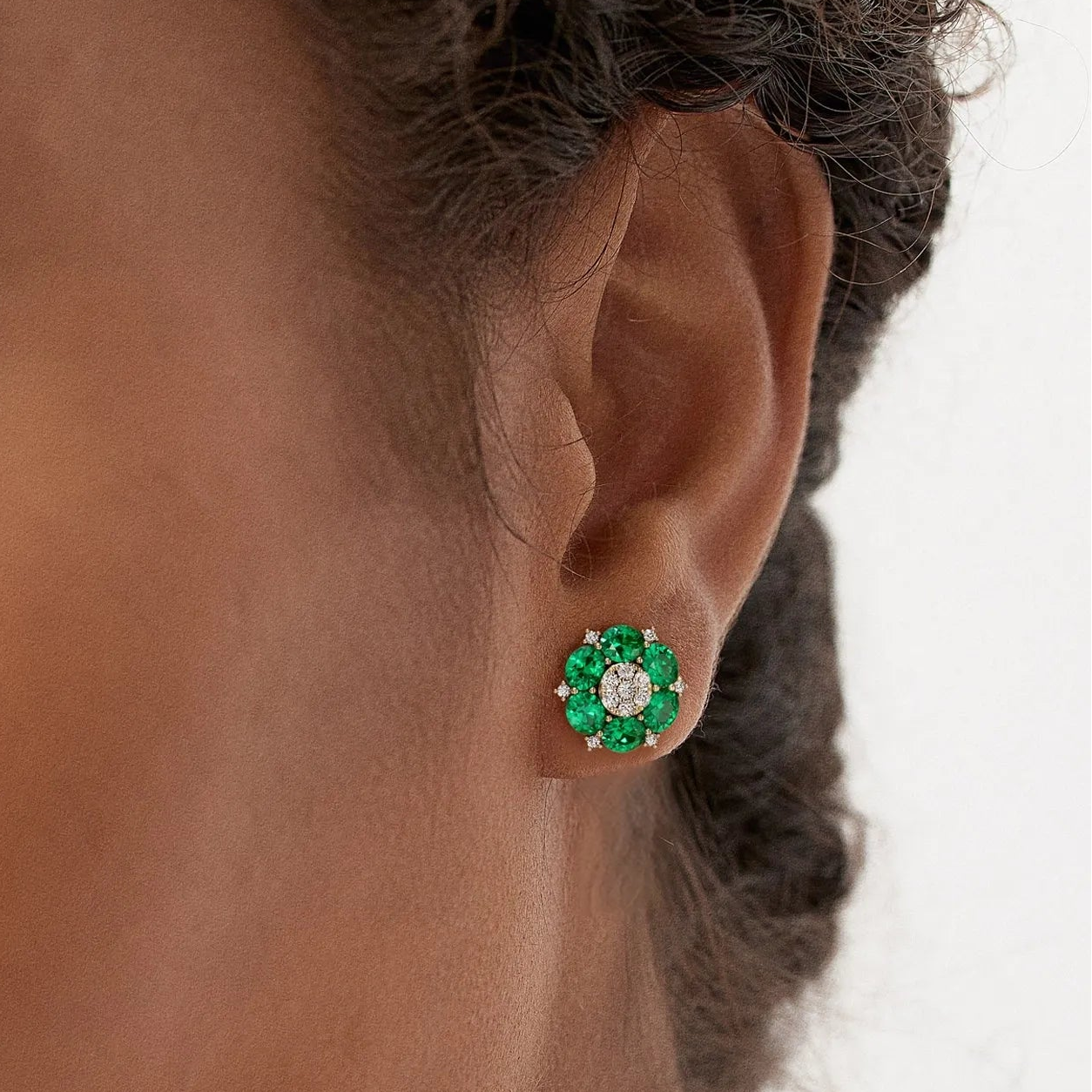 14k Gold Lab Grown Colombian Emerald and Diamond Oval Cut Cluster Stud Earrings 4.70 ctw