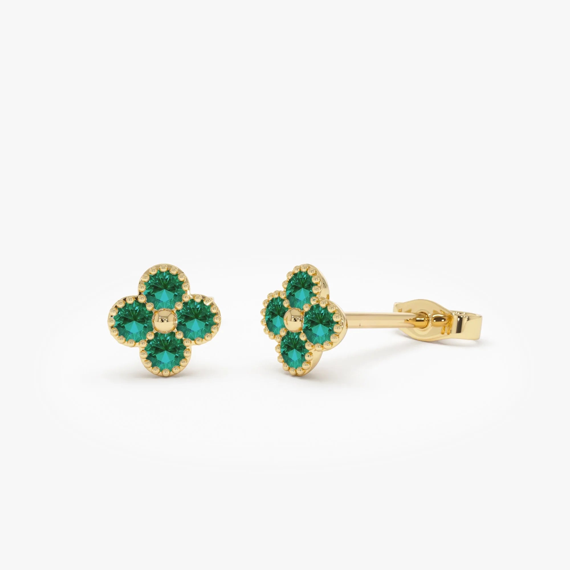 14K Solid Gold Round Emerald Clover Beaded Stud Earrings 0.30 CTW