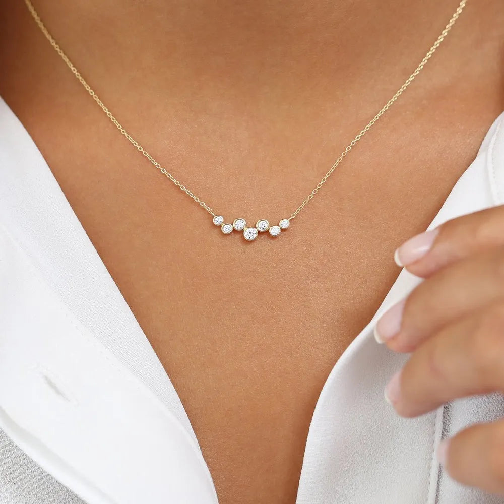 14K Solid Gold Round Diamond 7 Stone Floating Bubble Necklace Bezel Set 0.30ctw
