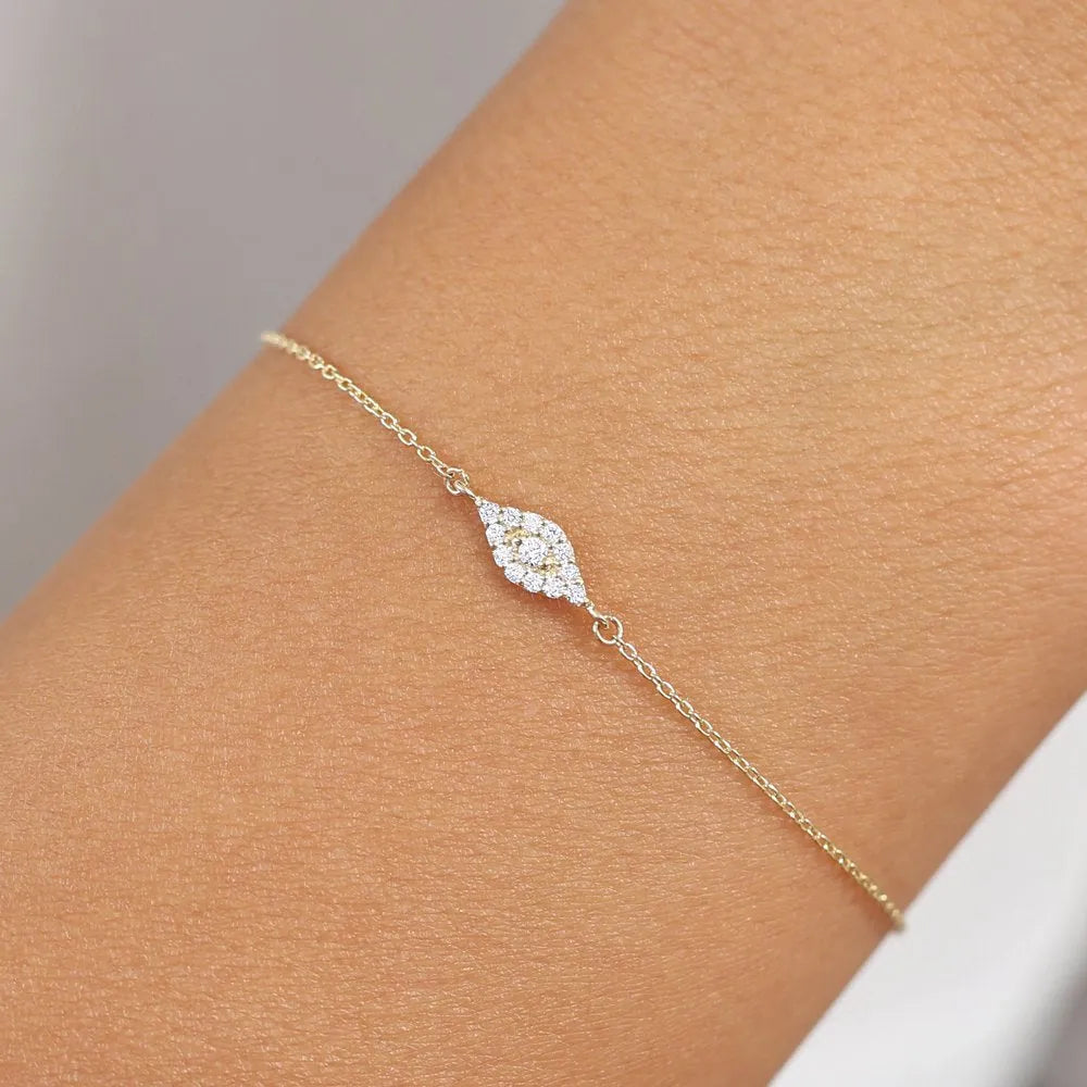 14K Solid Gold Round Diamond Evil Eye Bracelet Micro Pave 0.15 Carat