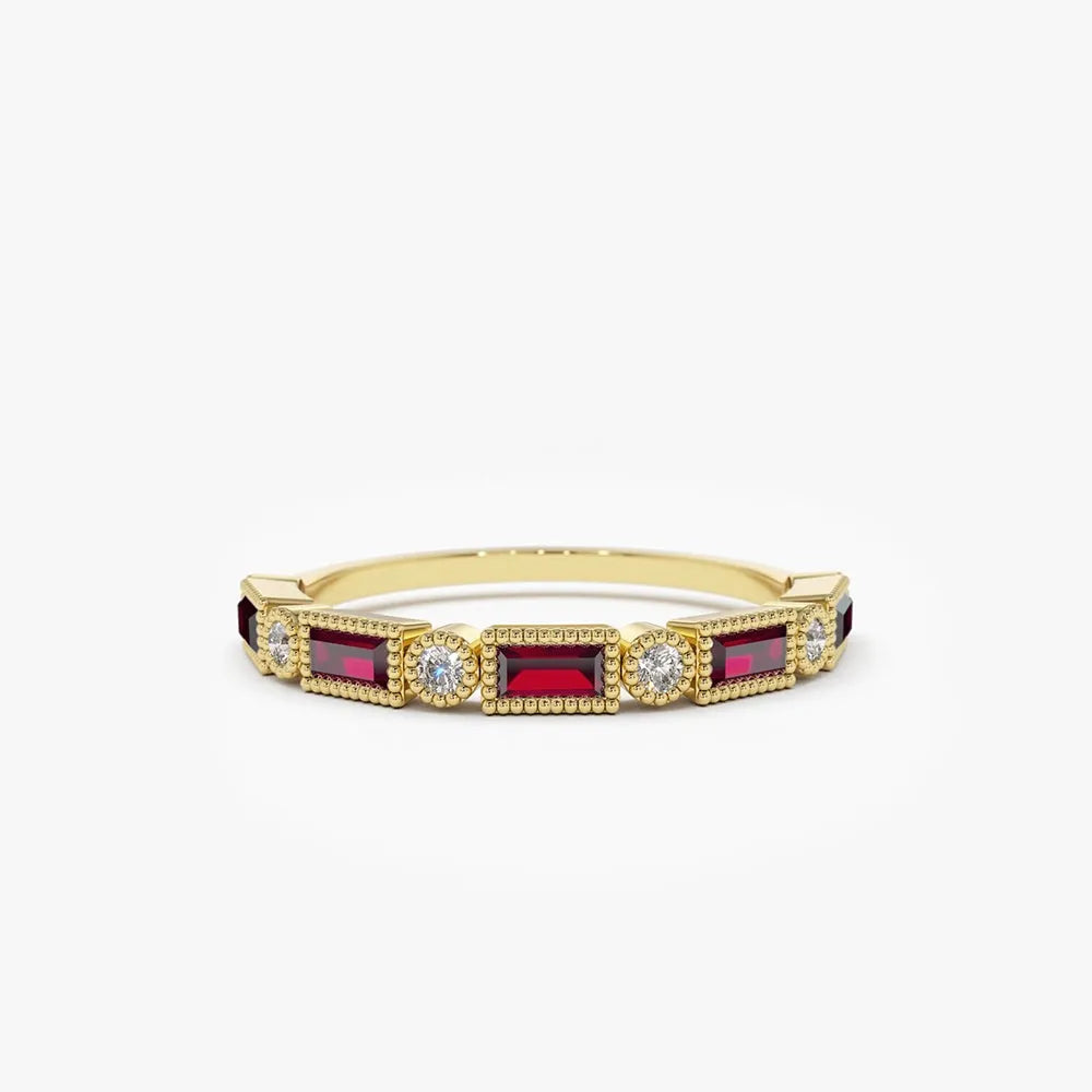 14k Gold Ruby and Diamond Baguette and Round Cut Milgrain Bezel Ring 0.47 ctw