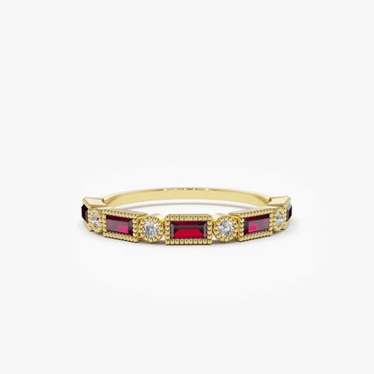 14k Gold Ruby and Diamond Baguette and Round Cut Milgrain Bezel Ring 0.47 ctw