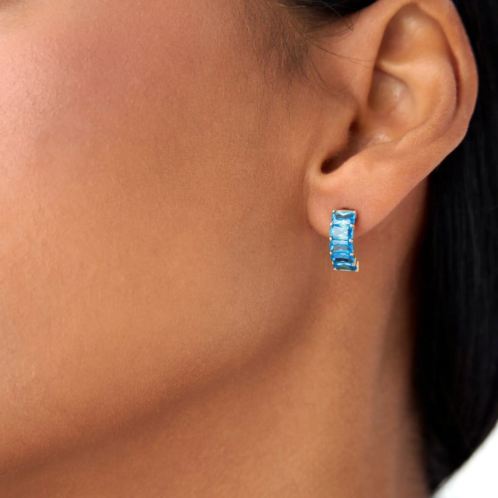 14K Solid Gold Octagon Cut London Blue Topaz Half Hoop Earrings 3.70ctw