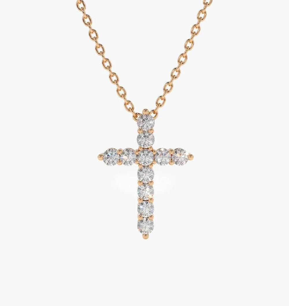 14K Solid Gold Round Diamond Cross Pendant Necklace Prong Setting 0.35ctw