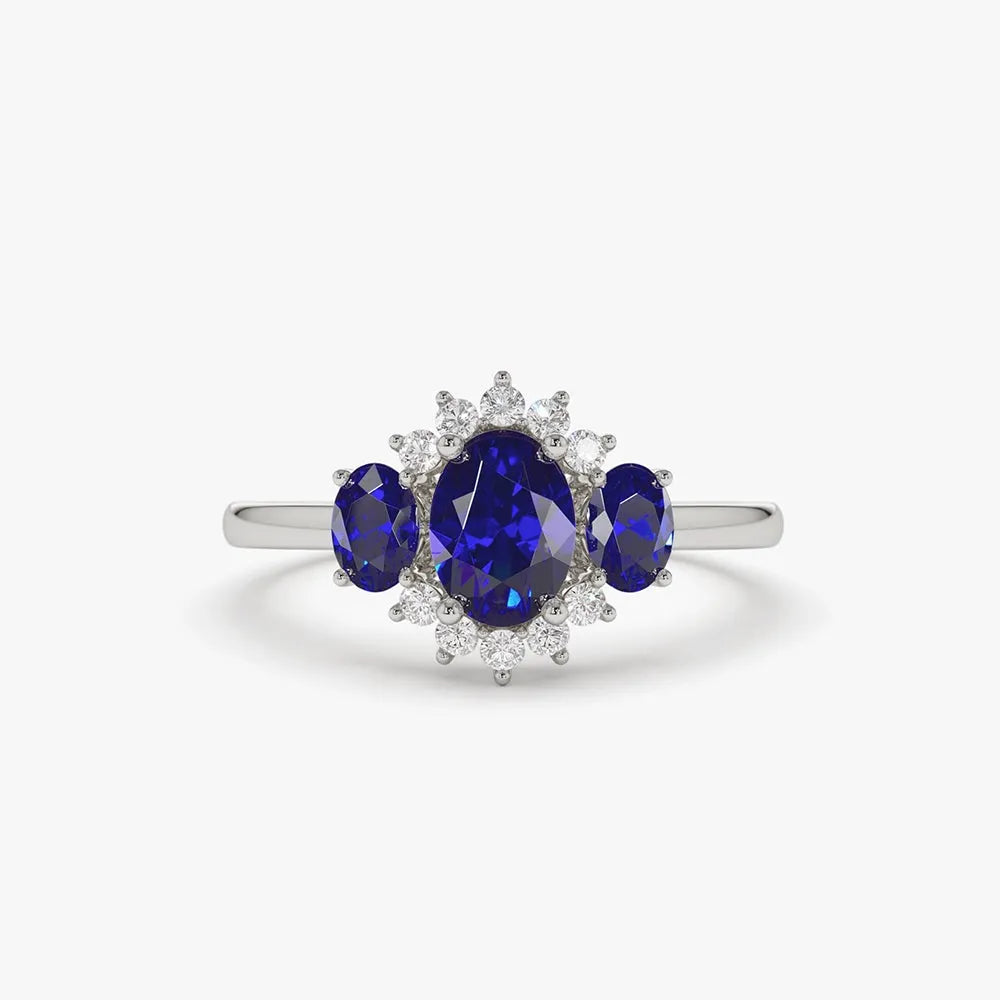 14k Gold Sapphire and Diamond Oval Cut Three Stone Cluster Ring 1.41 ctw