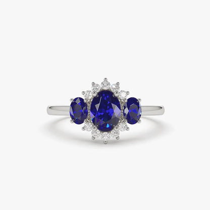 14k Gold Sapphire and Diamond Oval Cut Three Stone Cluster Ring 1.41 ctw