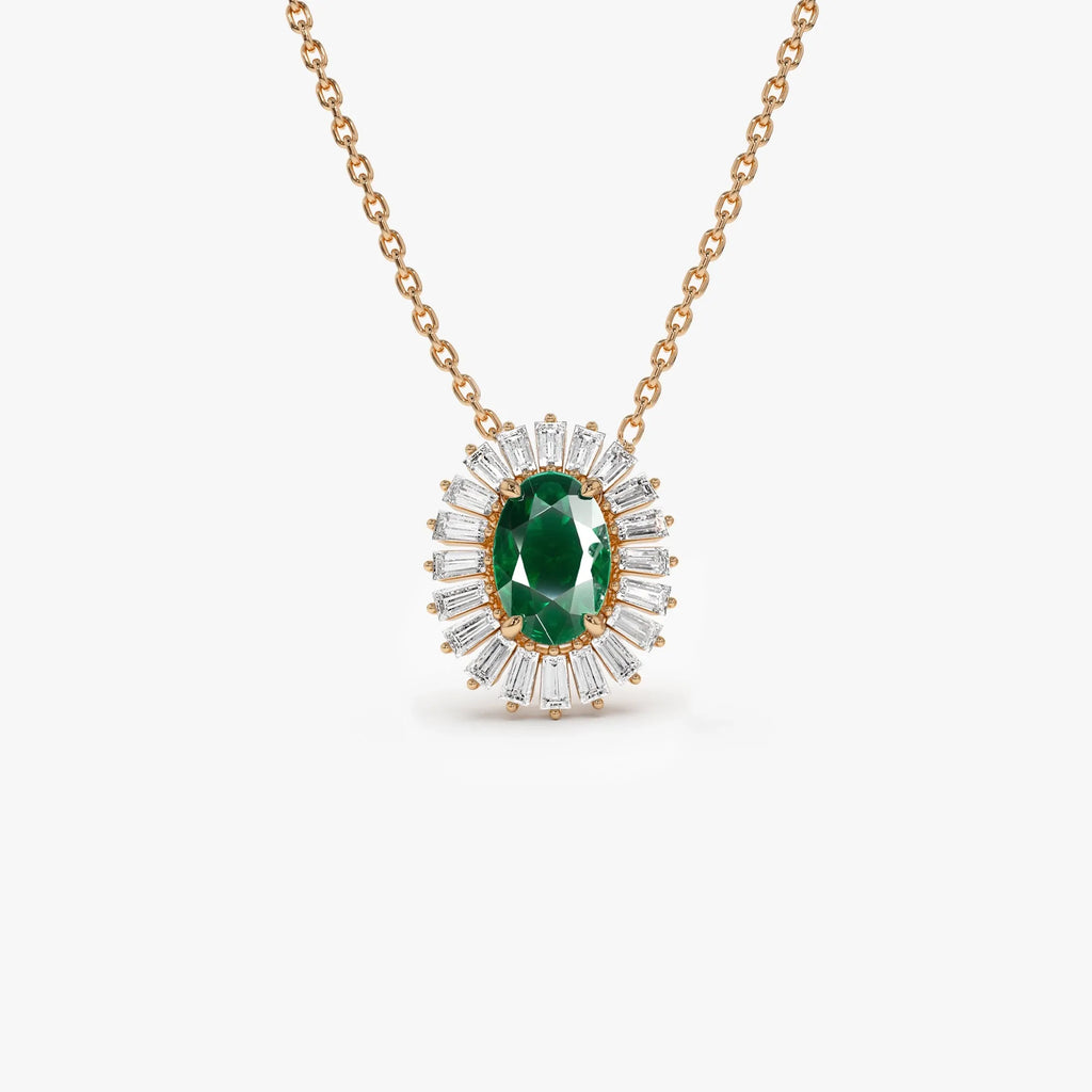14k Solid Gold Oval Emerald 0.45 CTW and Baguette Diamond 0.20 CTW Halo Pendant Necklace