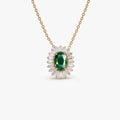 14k Solid Gold Oval Emerald 0.45 CTW and Baguette Diamond 0.20 CTW Halo Pendant Necklace