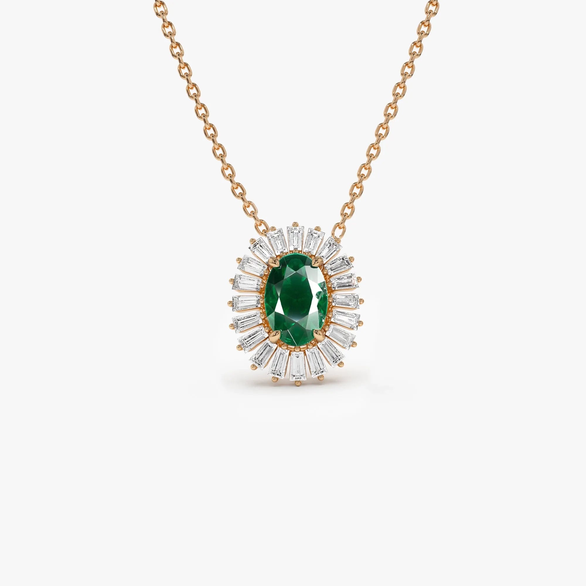 14k Solid Gold Oval Emerald 0.45 CTW and Baguette Diamond 0.20 CTW Halo Pendant Necklace