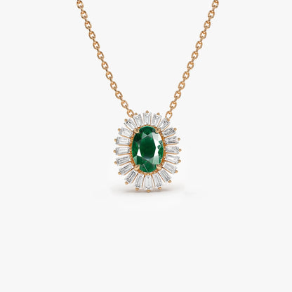 14k Solid Gold Oval Emerald 0.45 CTW and Baguette Diamond 0.20 CTW Halo Pendant Necklace