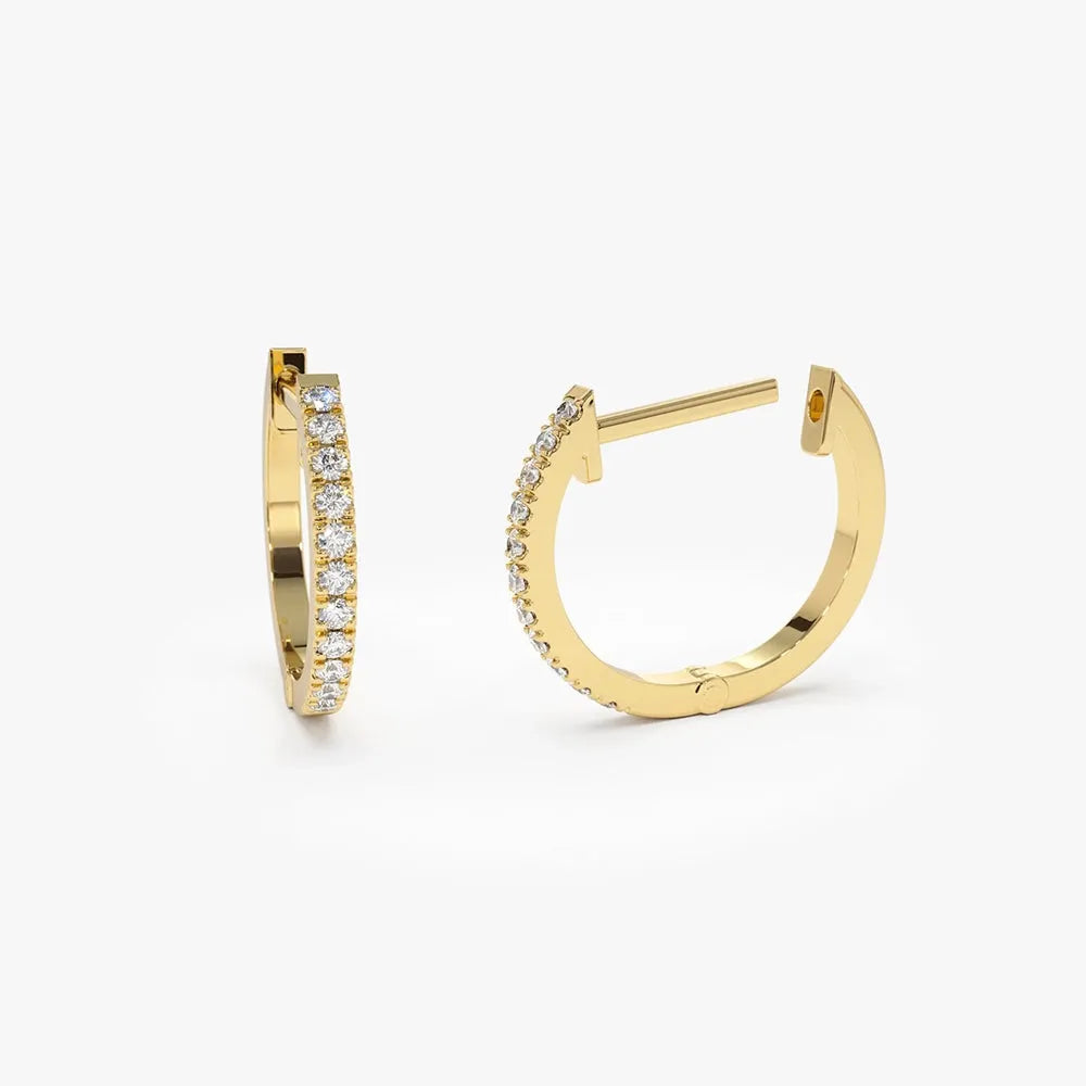 14k Gold Diamond Round Cut Mini Huggie Earrings Micro Pave 0.10 ctw