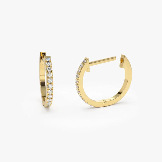 14k Gold Diamond Round Cut Mini Huggie Earrings Micro Pave 0.10 ctw