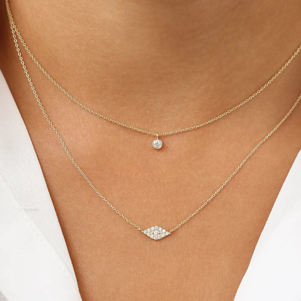 14K Solid Gold Round Diamond Micro Pave Evil Eye Pendant Necklace 0.15ctw