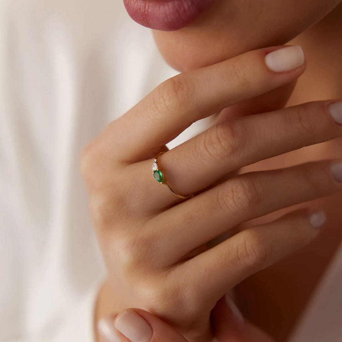 14K Solid Gold Pear Emerald and Round Diamond Three Stone Ring 0.30 CTW Handcrafted Jewelry