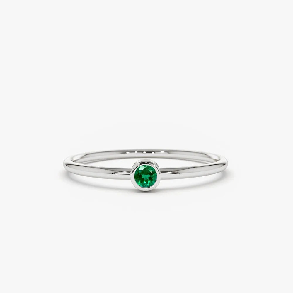 14K Solid Gold Round Emerald Solitaire Bezel Set Ring 0.08 CTW Handcrafted Jewelry