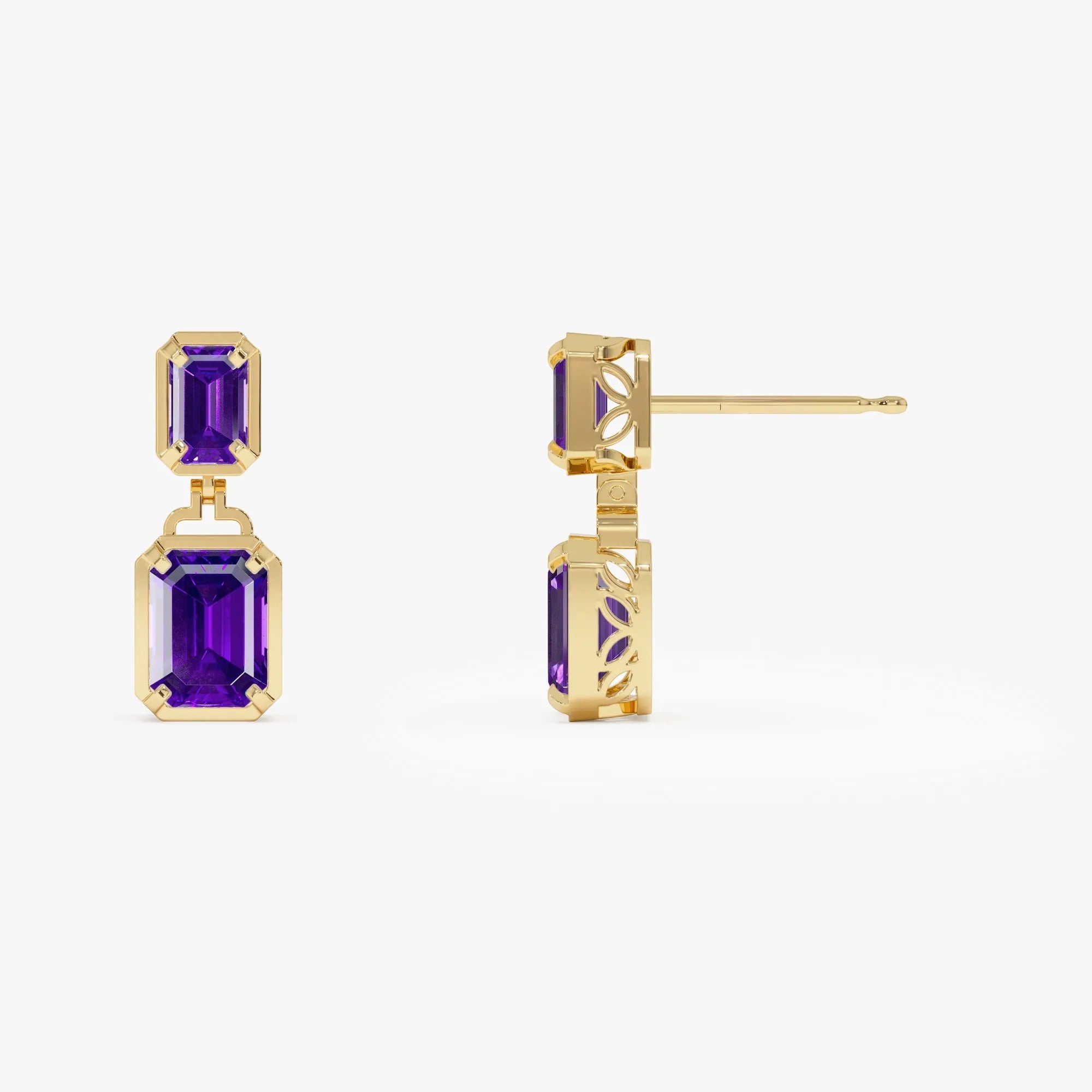 14K Solid Gold Octagon Cut Amethyst Dangle Drop Earrings 4.05ctw