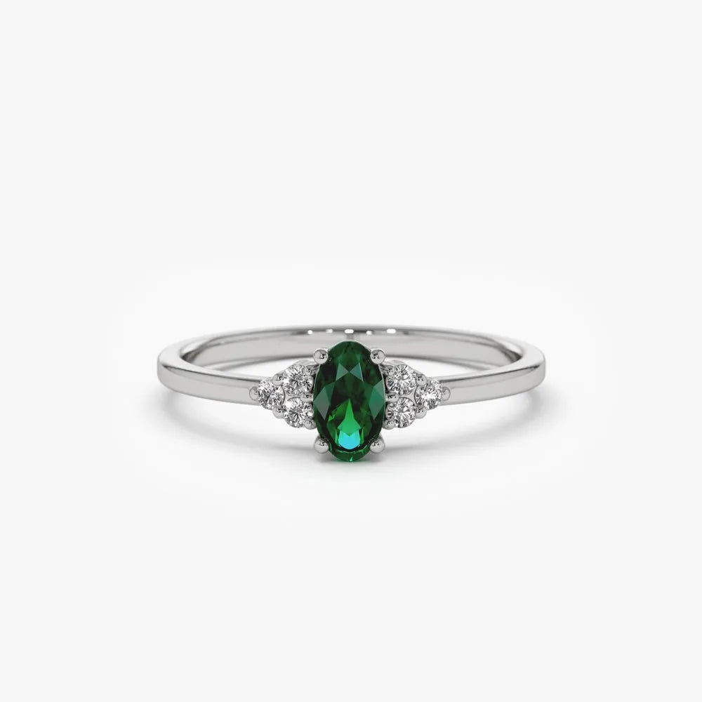 14K Gold Oval Emerald and Round Diamond Ring 0.38 CTW Handcrafted Custom Jewelry
