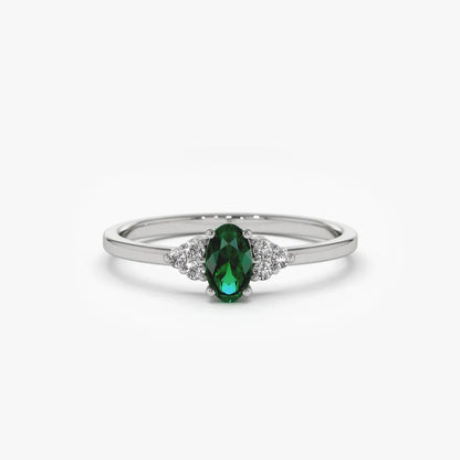 14K Gold Oval Emerald and Round Diamond Ring 0.38 CTW Handcrafted Custom Jewelry