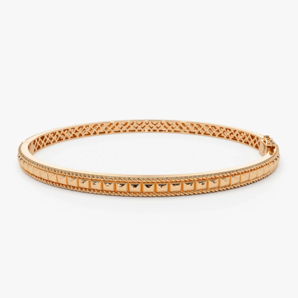 14K Solid Gold Wide Pyramid Design Bangle Bracelet