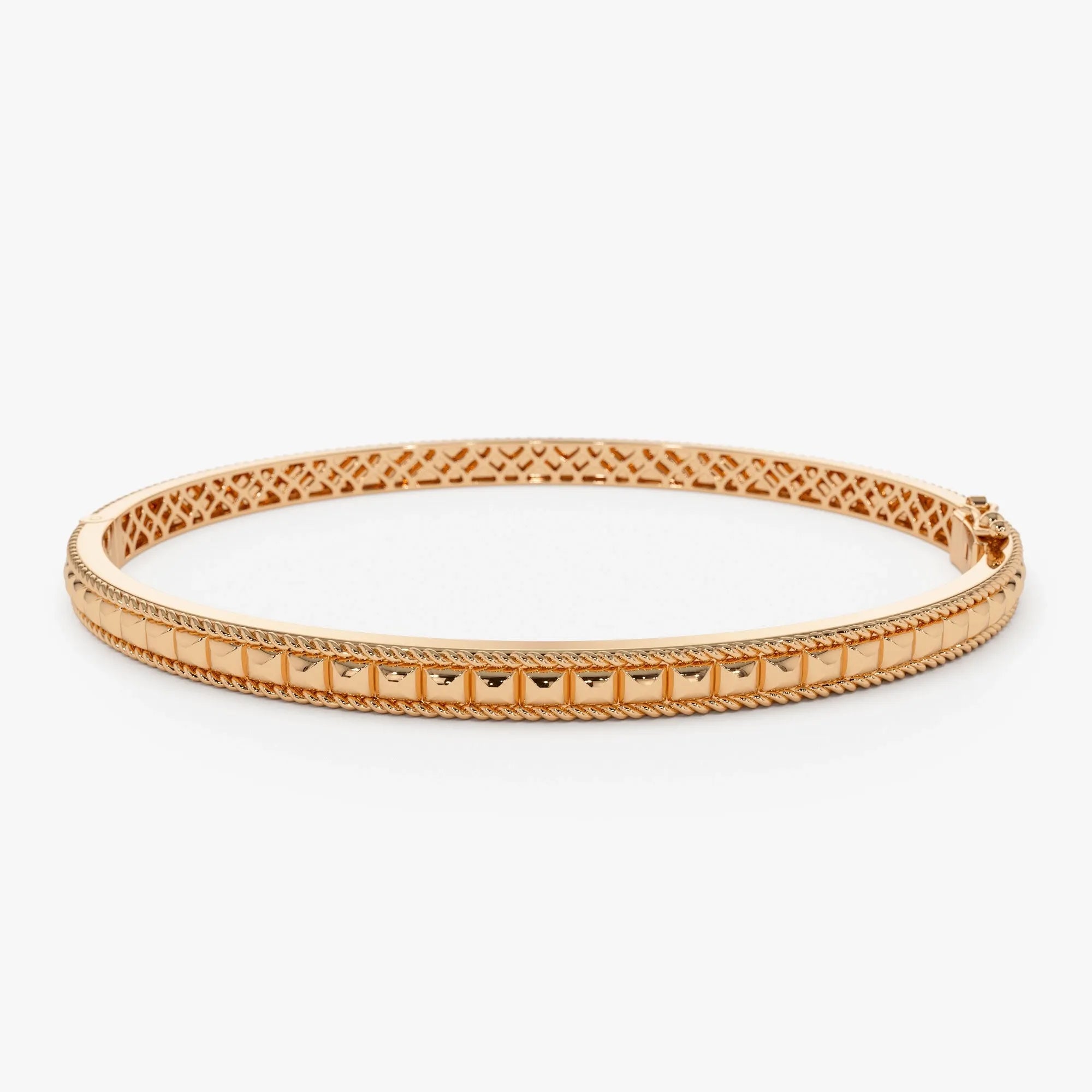 14K Solid Gold Wide Pyramid Design Bangle Bracelet